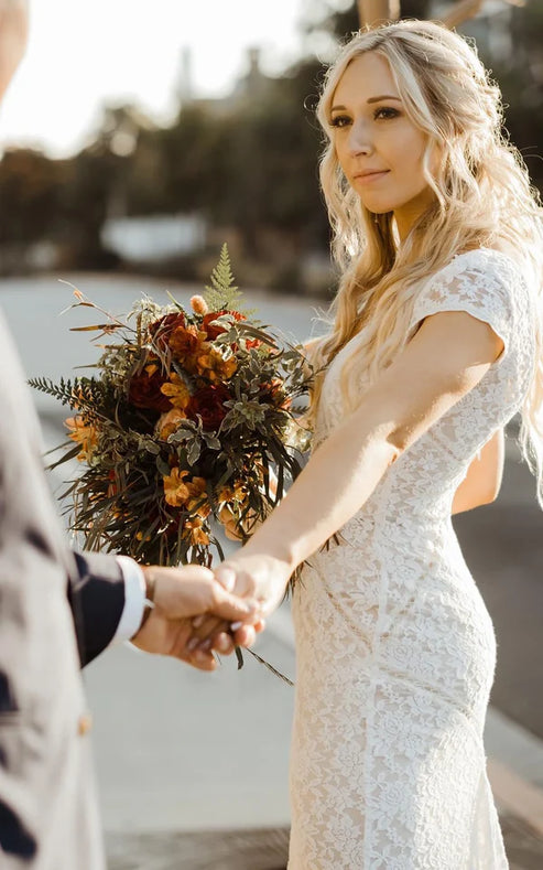 Luolandi Modest Sheath Square V-neck Lace Wedding Dress with Short Sleeve Sweep Train Sexy