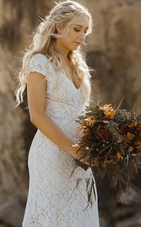 Luolandi Modest Sheath Square V-neck Lace Wedding Dress with Short Sleeve Sweep Train Sexy