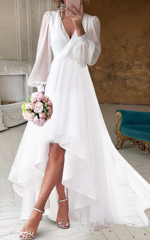 Luolandi A-Line V-Neck Long Sleeves Elegant Casual Asymmetrical Chiffon Wedding Dress with Zipper Back