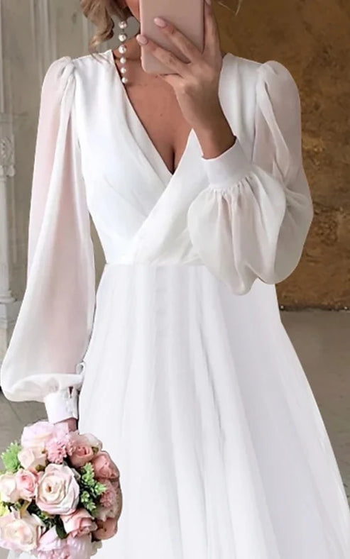 Luolandi A-Line V-Neck Long Sleeves Elegant Casual Asymmetrical Chiffon Wedding Dress with Zipper Back