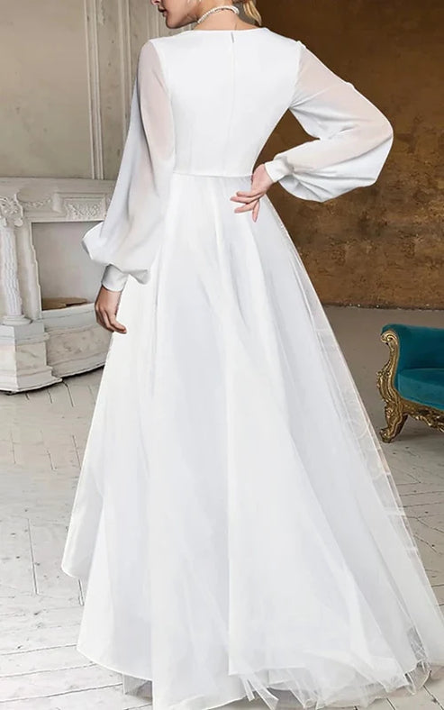 Luolandi A-Line V-Neck Long Sleeves Elegant Casual Asymmetrical Chiffon Wedding Dress with Zipper Back