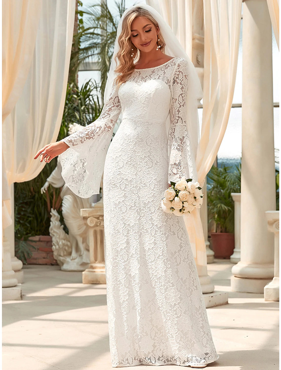 Luolandi Hall Wedding Dresses Mermaid / Trumpet Jewel Neck Long Sleeve Floor Length Lace Bridal Gowns