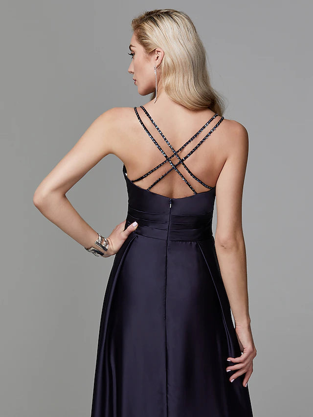 Luolandi A-Line Prom Dresses Beautiful Back Dress Evening Party Floor Length Sleeveless Spaghetti Strap Satin Crisscross Back with Beading