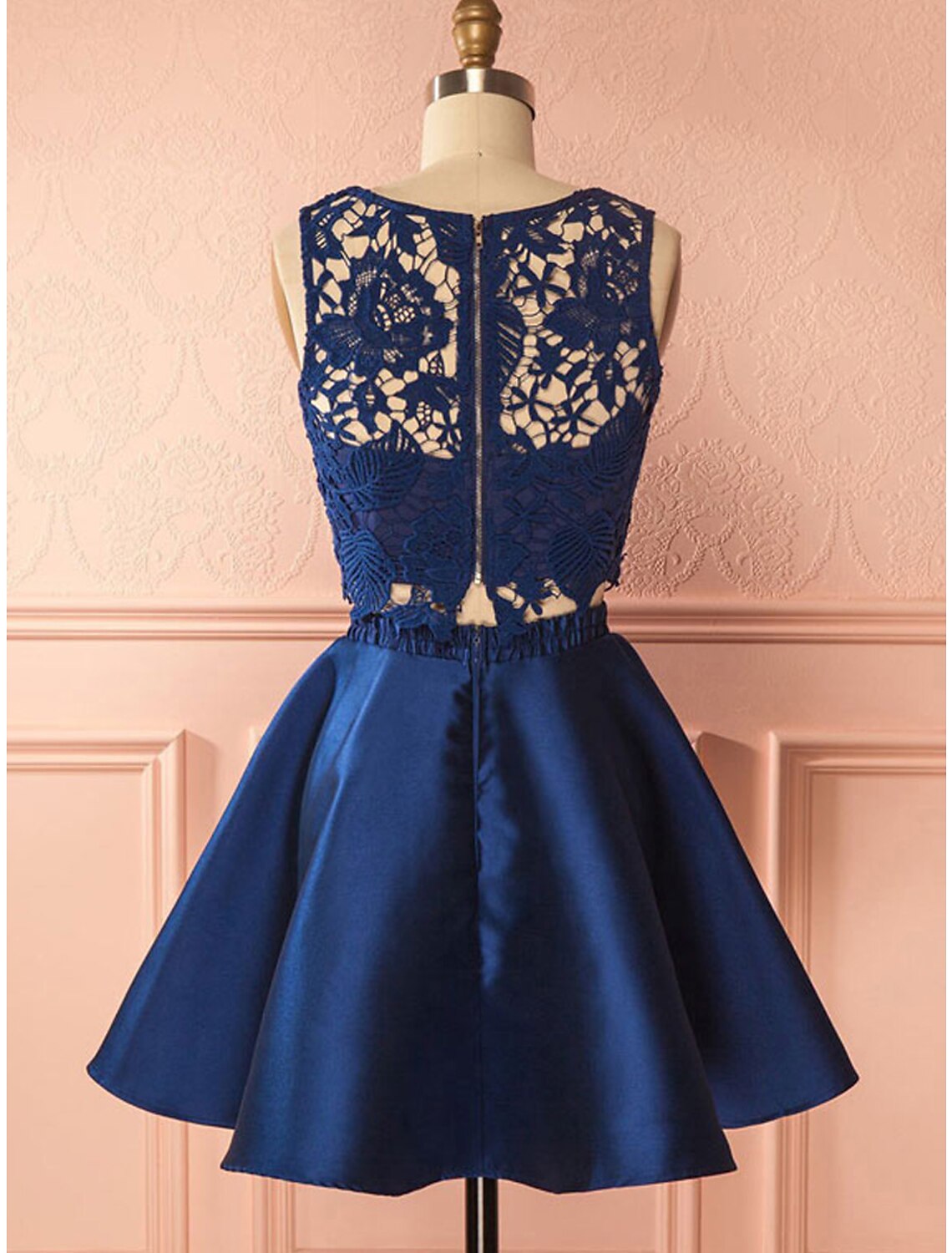 Luolandi Two Piece Cocktail Dresses Party Dress Graduation Short / Mini Sleeveless Jewel Neck Lace Backless with Pleats