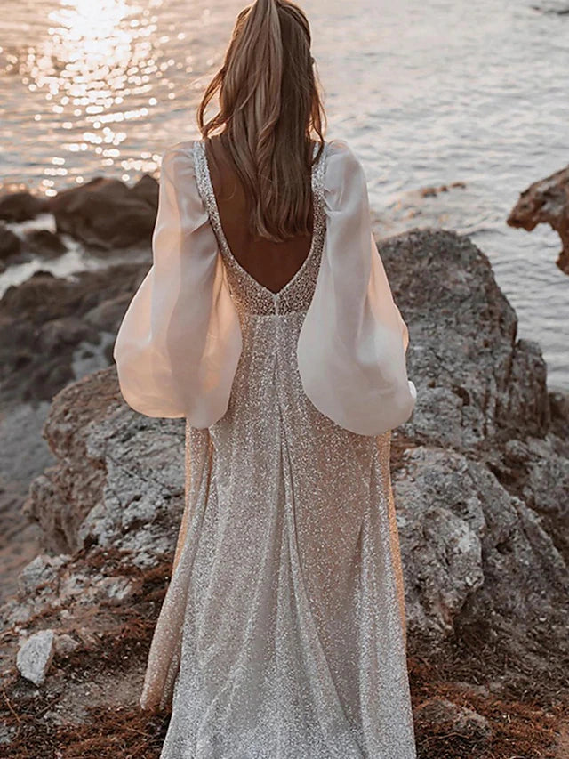 Luolandi Beach Open Back Boho Wedding Dresses Sweep / Brush Train A-Line Long Sleeve V Neck Sequined