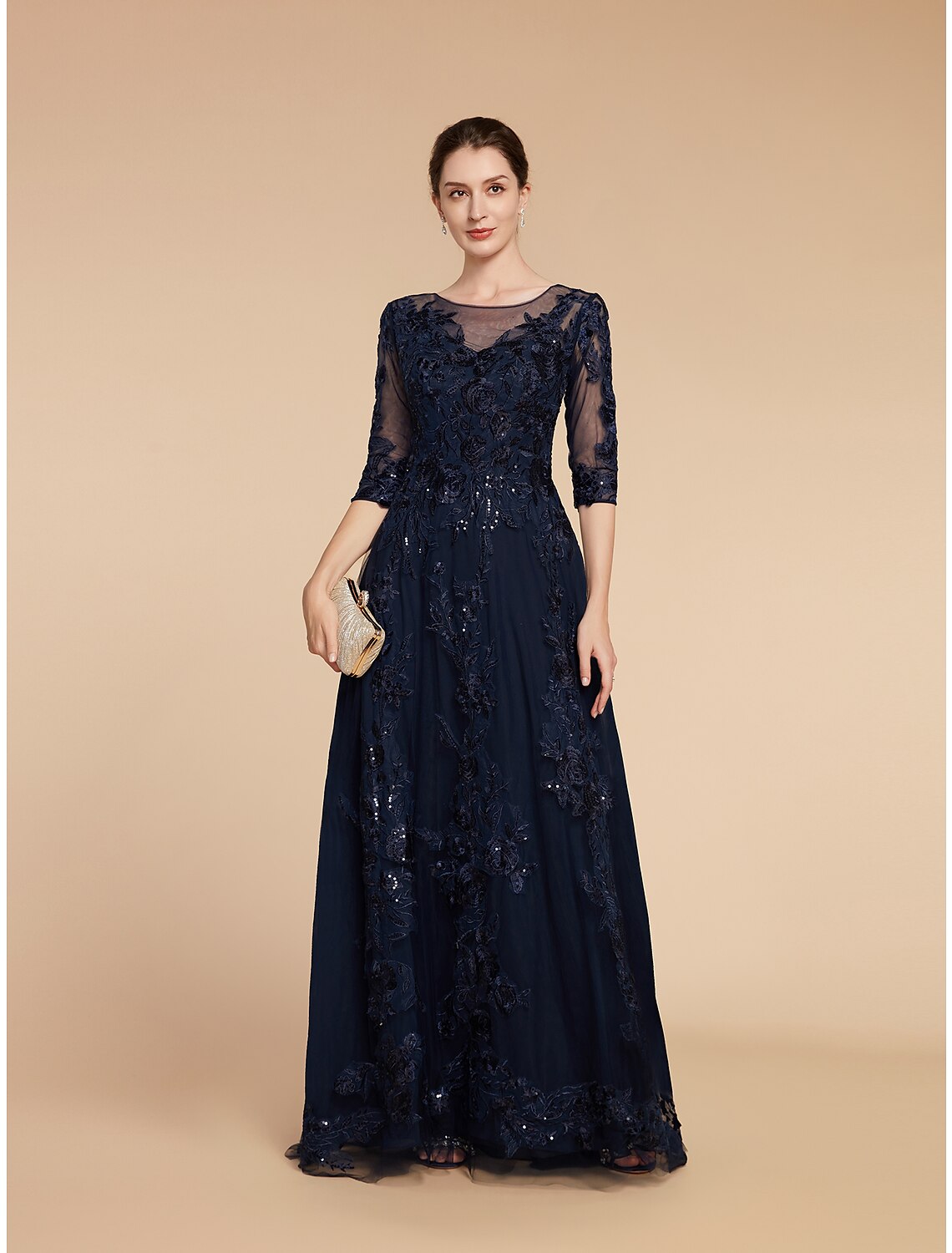 Luolandi A-Line Mother of the Bride Dress Formal Wedding Guest Elegant Party Scoop Neck Floor Length Chiffon Lace 3/4 Length Sleeve with Sequin