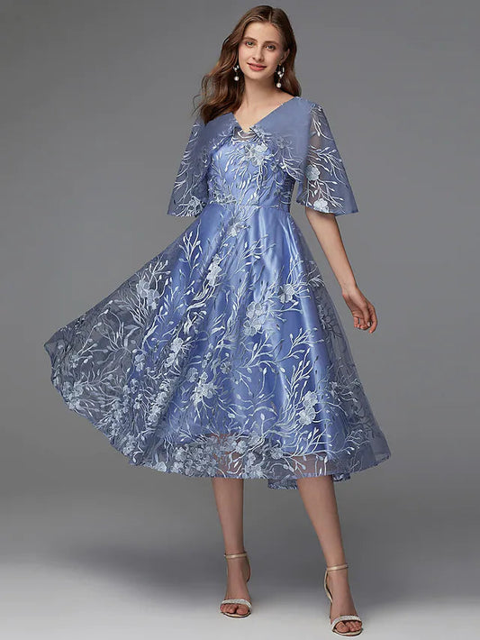 A-Line Floral Dress Wedding Guest Tea Length Sleeveless V Neck Lace V Back with Pattern / Print