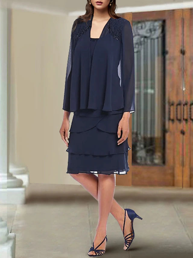 Luolandi Two Piece Sheath / Column Mother of the Bride Dress Elegant Scoop Neck Knee Length Chiffon Lace Sleeveless Wrap Included with Beading