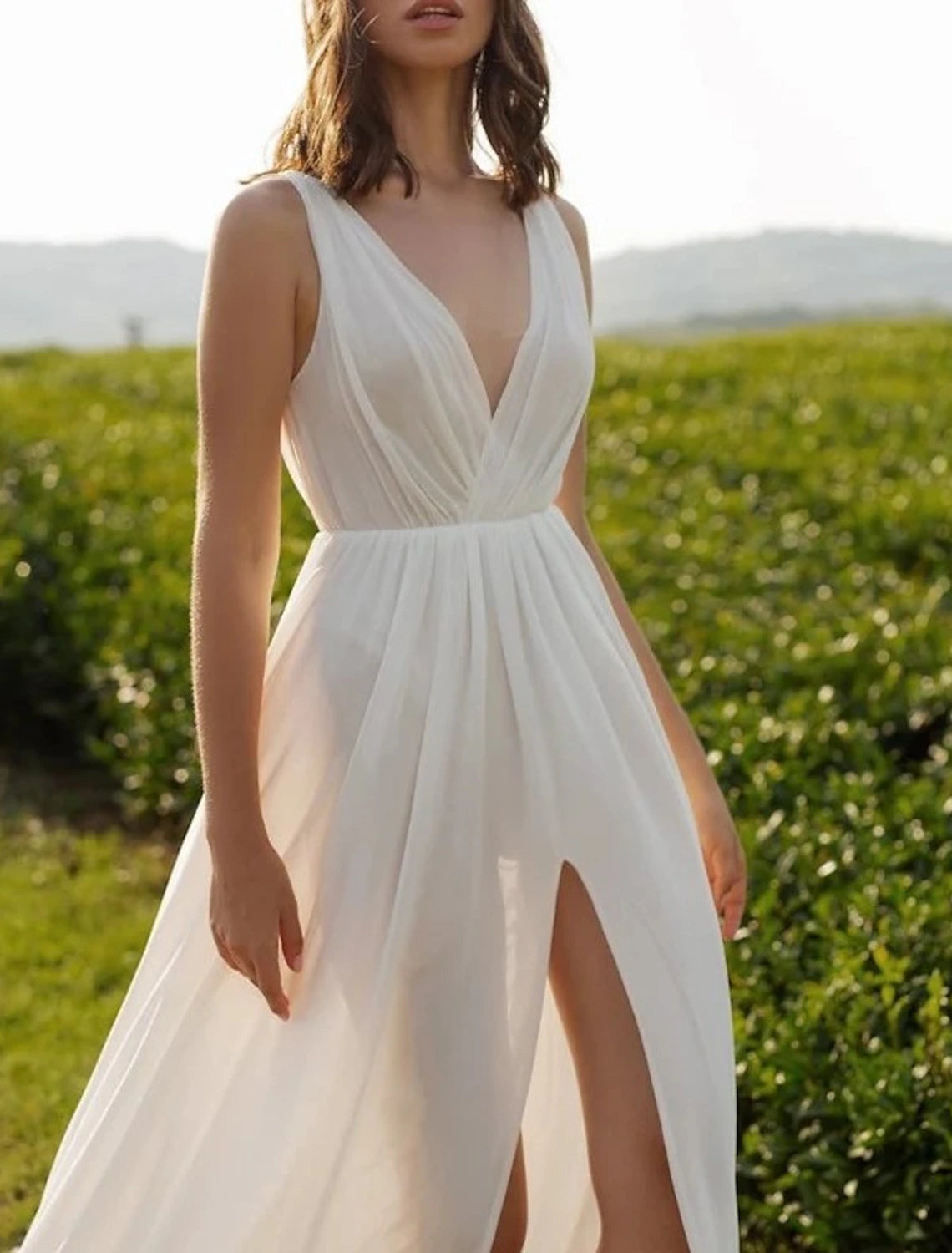 Luolandi Reception Sexy Casual Wedding Dresses A-Line V Neck Sleeveless Court Train Chiffon Bridal Gowns With Split Front