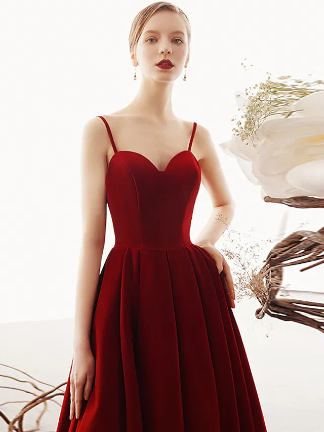 Luolandi A-Line Prom Dresses Beautiful Back Dress Party Wear Ankle Length Sleeveless Spaghetti Strap Velvet with Sleek