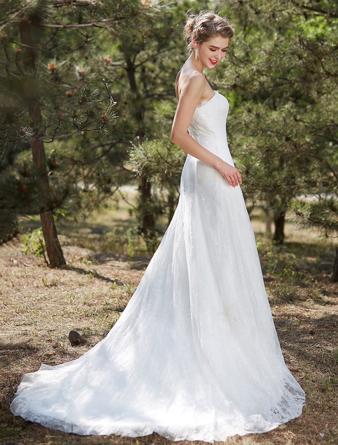 Luolandi Wedding Dresses A-Line Strapless Sleeveless Court Train Satin Bridal Gowns