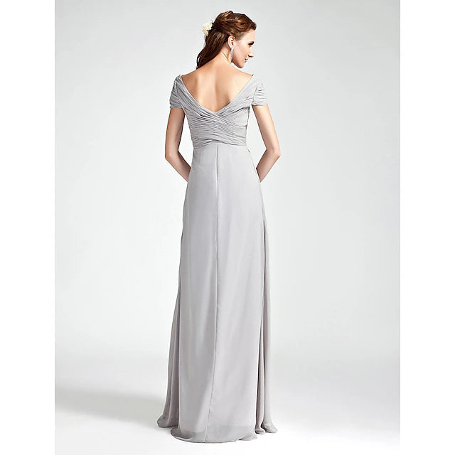 Luolandi Sheath / Column Bridesmaid Dress V Neck / Off Shoulder Short Sleeve Open Back Floor Length Chiffon with Criss Cross