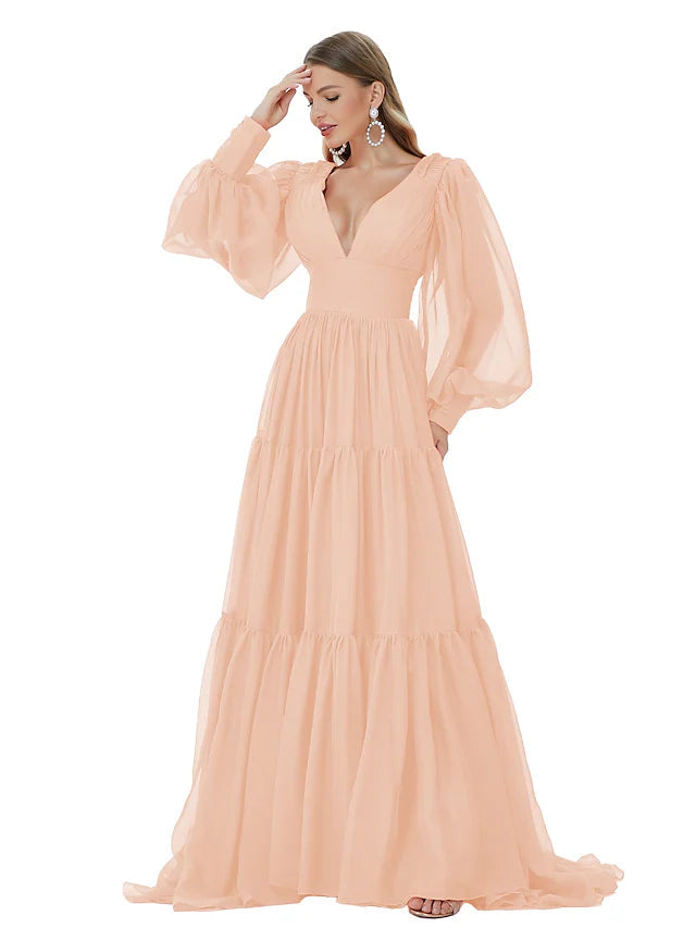 Luolandi A-Line Evening Gown Sexy Dress Party Wear Sweep / Brush Train Long Sleeve V Neck Chiffon