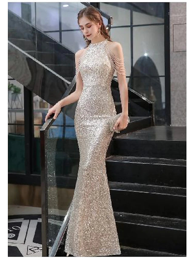 Luolandi Mermaid / Trumpet Sparkle Prom Dress Bodycon Engagement Formal Evening Dress Halter Neck Sleeveless Floor Length Sequined with Beads