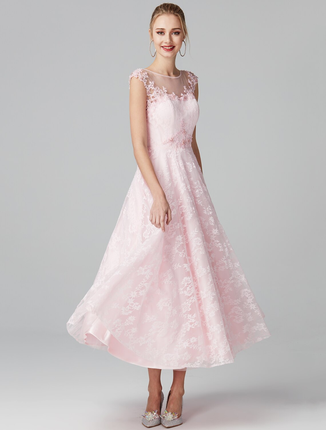 Luolandi A-Line Prom Dresses Floral Dress Evening Party Wedding Guest Ankle Length Short Sleeve Illusion Neck Lace Zipper