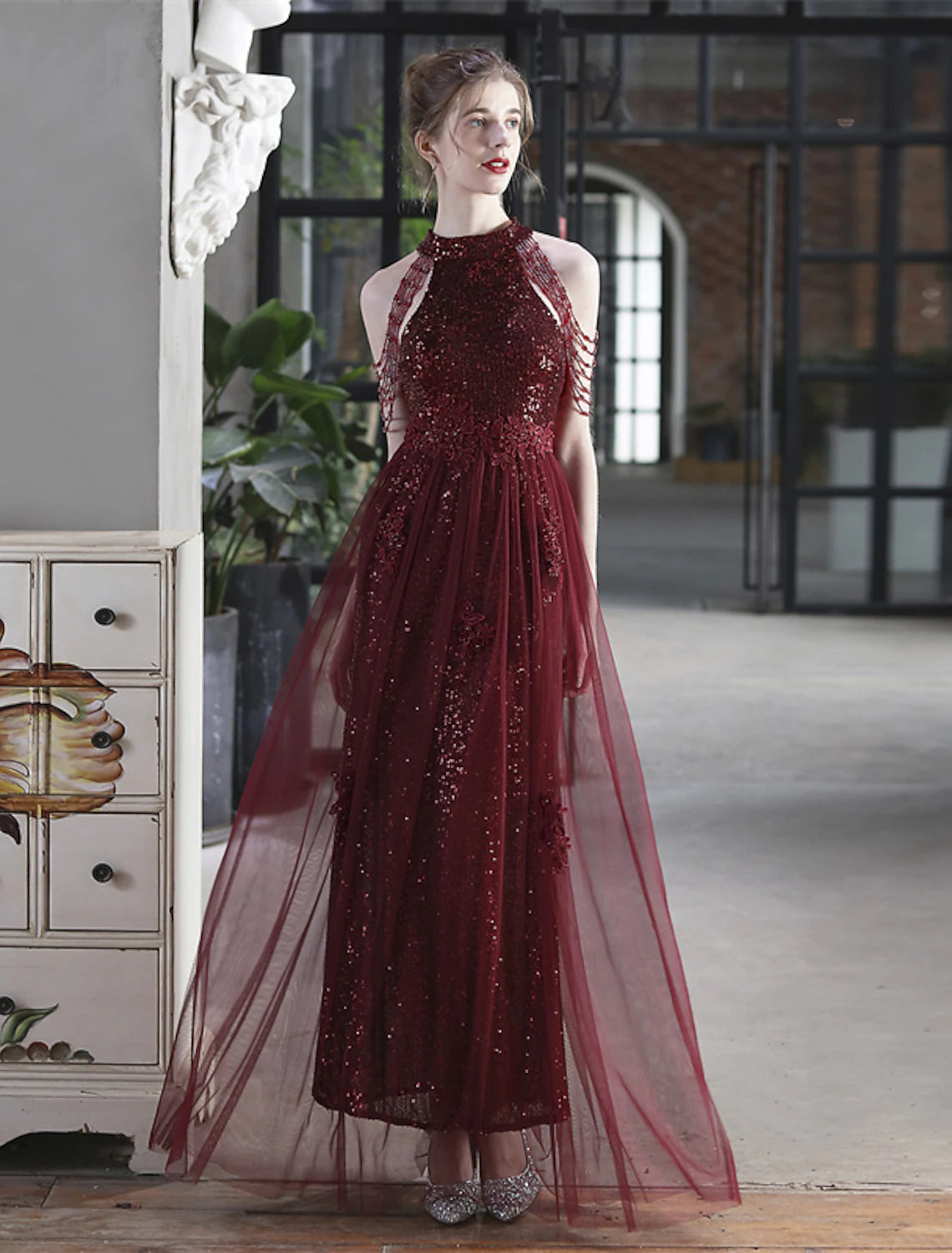 Luolandi A-Line Prom Dresses Sparkle & Shine Dress Party Wear Floor Length Short Sleeve High Neck Polyester with Sequin