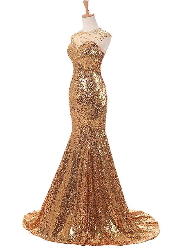 Luolandi Mermaid / Trumpet Prom Dresses Sparkle Dress Prom Court Train Sleeveless Jewel Neck Sequined