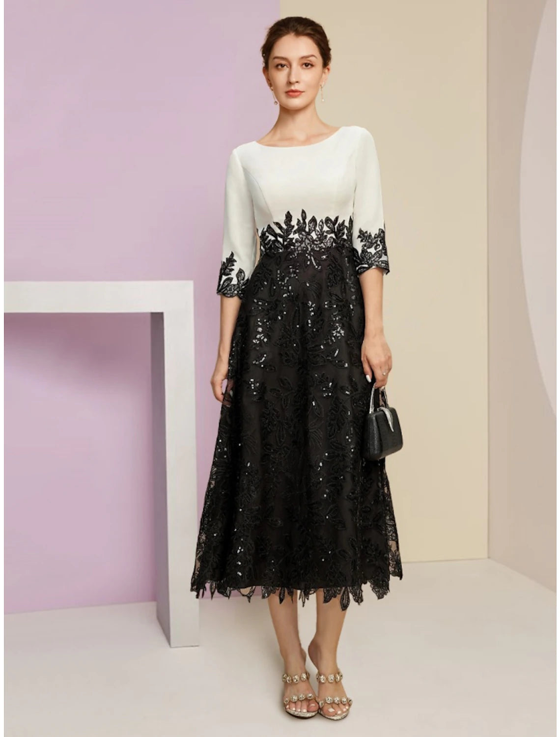 Luolandi A-Line Mother of the Bride Dress Wedding Guest Elegant Scoop Neck Tea Length Chiffon Half Sleeve with Lace Sequin