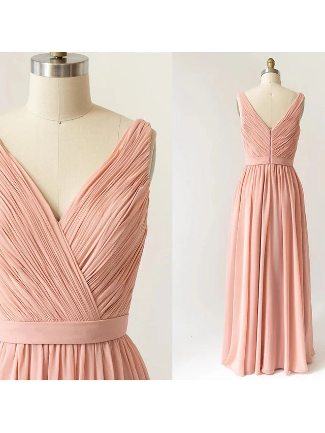 Luolandi A-Line Bridesmaid Dress V Neck Sleeveless Open Back Floor Length Chiffon with Pleats Pure Color