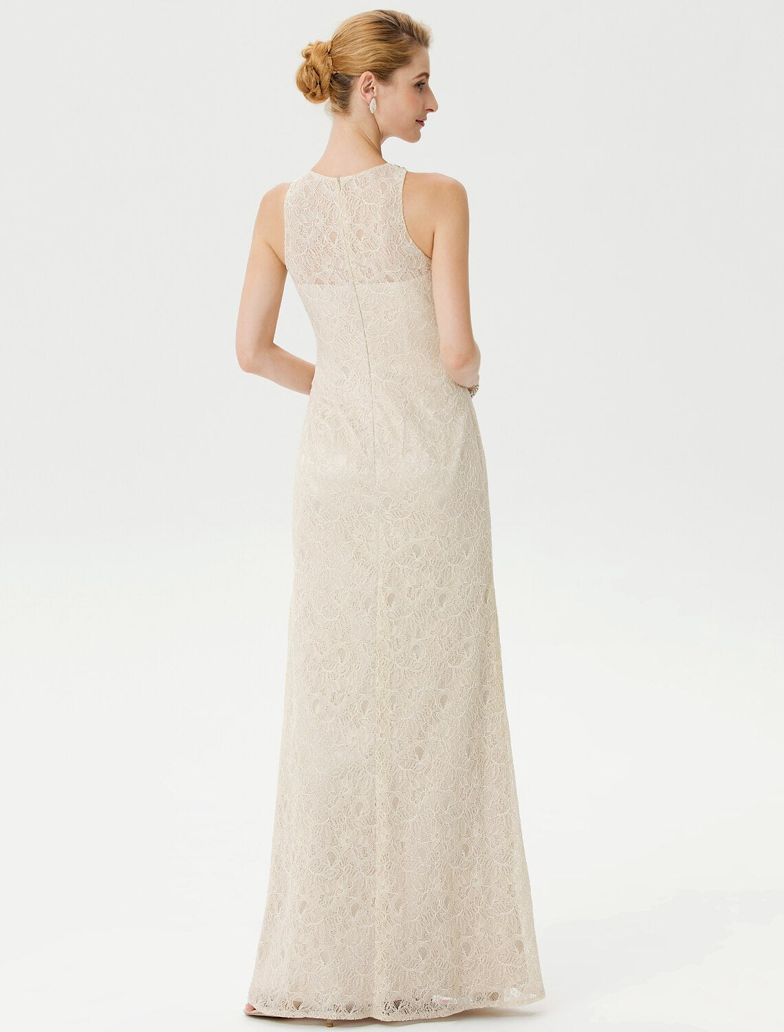 Luolandi Sheath / Column Mother of the Bride Dress Elegant See Through Illusion Neck Floor Length Lace Sleeveless with Crystals