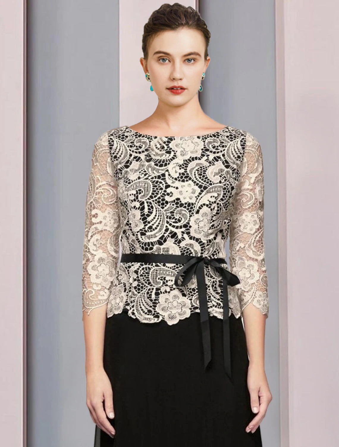 Luolandi A-Line Mother of the Bride Dress Formal Wedding Guest Elegant Scoop Neck Floor Length Chiffon Lace 3/4 Length Sleeve with Bow(s)