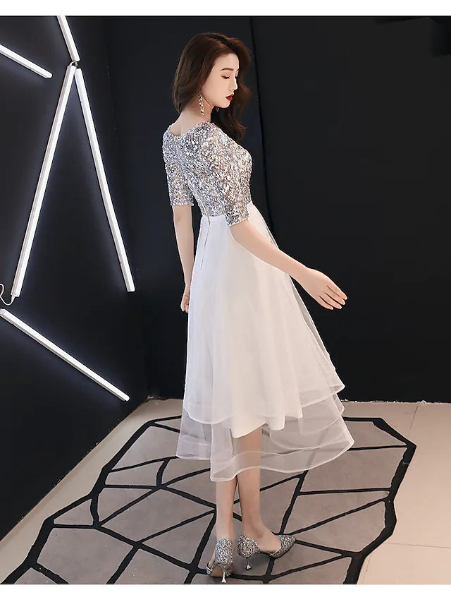 Luolandi A-Line Sparkle Cocktail Party Prom Dress Jewel Neck Half Sleeve Tea Length Satin