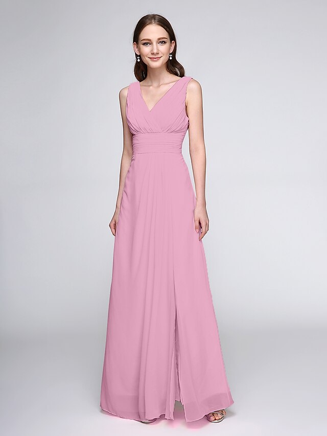 Luolandi Sheath / Column Bridesmaid Dress V Neck Sleeveless Elegant Floor Length Chiffon with Criss Cross