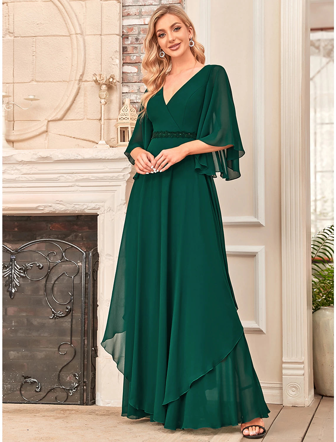 Luolandi A-Line Mother of the Bride Dress Elegant V Neck Floor Length Chiffon Half Sleeve with Sash