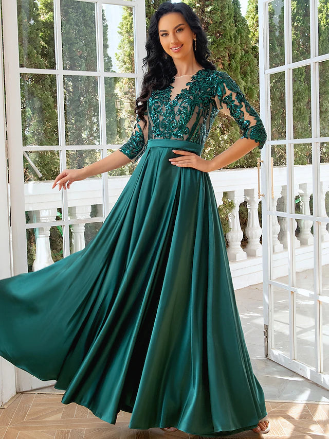 Luolandi A-Line Evening Gown Elegant Dress Wedding Party Floor Length Half Sleeve Illusion Neck Satin with Pleats Sequin