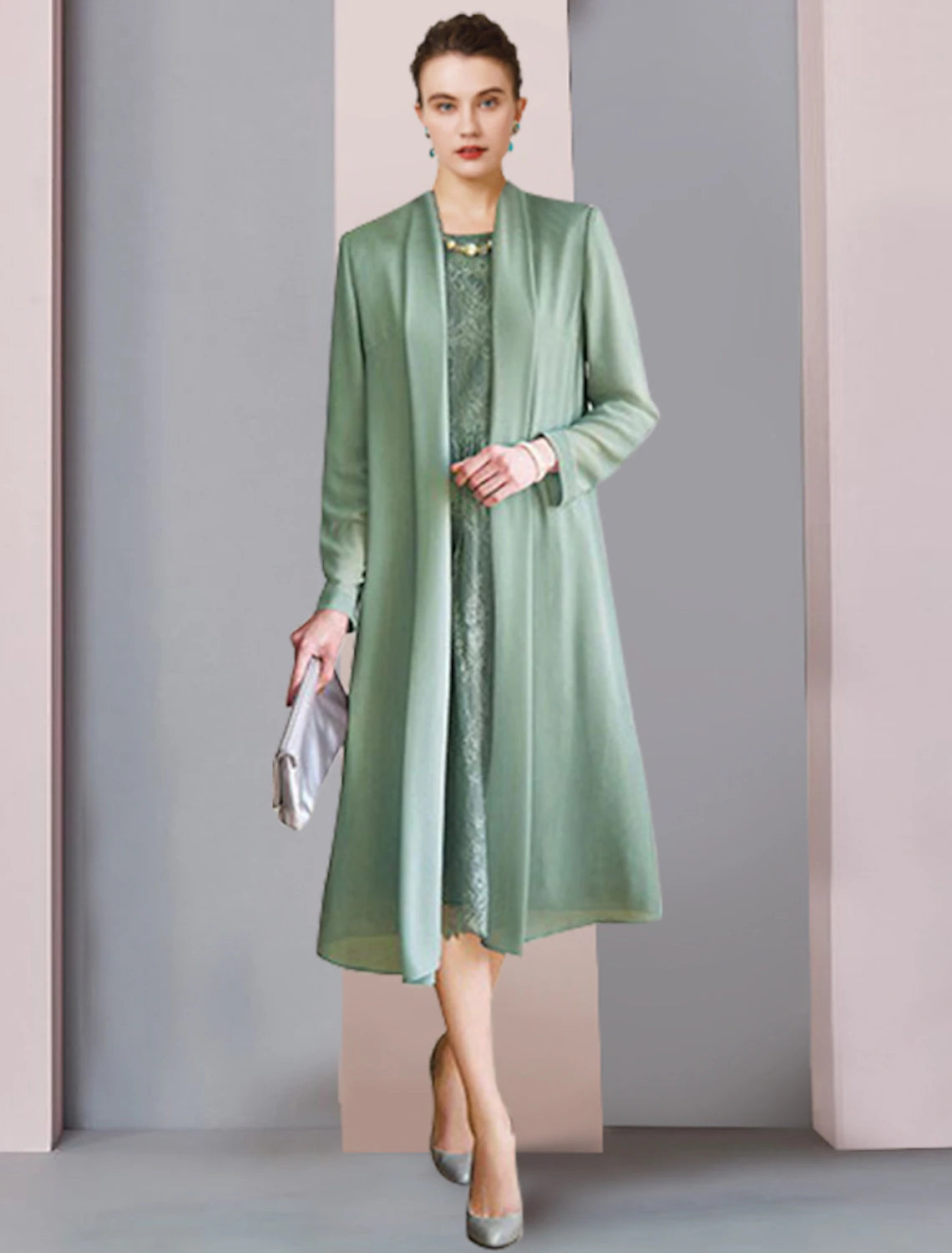 Luolandi Two Piece Sheath / Column Mother of the Bride Dress Formal Wedding Guest Party Elegant Scoop Neck Tea Length Chiffon Lace 3/4 Length Sleeve Jacket Dresses