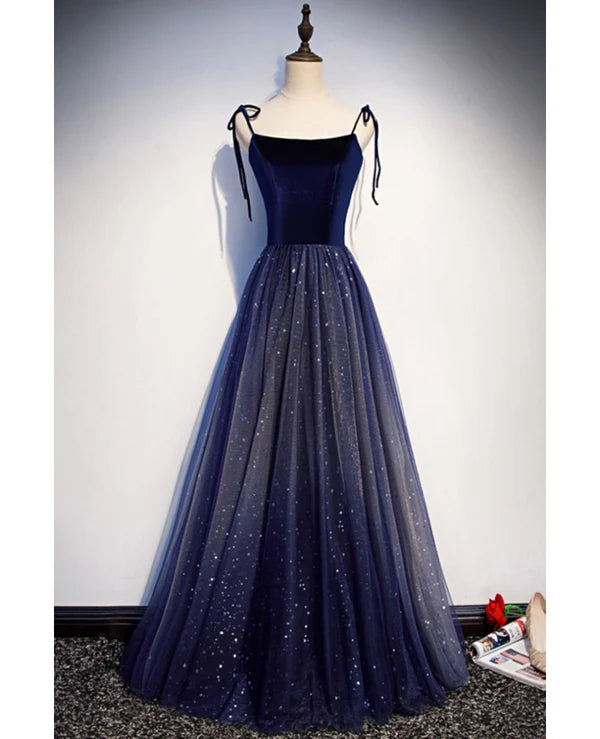 Luolandi Shining navy blue suede fine shoulder strap sleeveless off shoulder evening dress A-line princess sequin backless and ground length ruffled edge for evening dress
