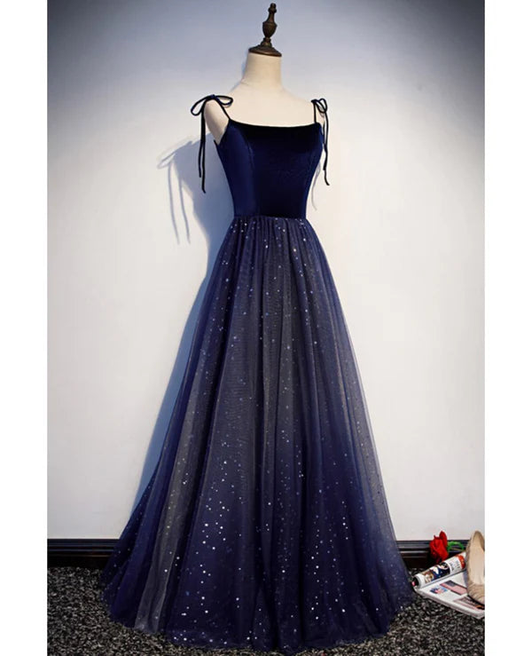 Luolandi Shining navy blue suede fine shoulder strap sleeveless off shoulder evening dress A-line princess sequin backless and ground length ruffled edge for evening dress
