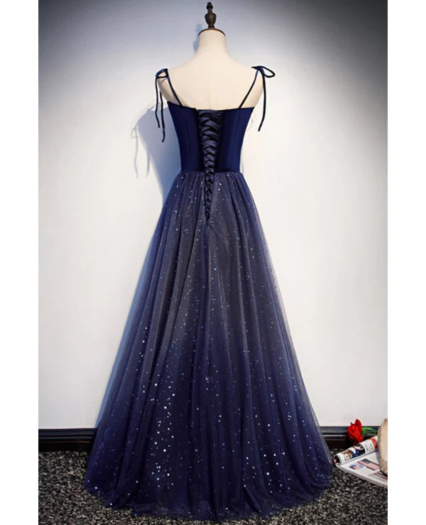 Luolandi Shining navy blue suede fine shoulder strap sleeveless off shoulder evening dress A-line princess sequin backless and ground length ruffled edge for evening dress