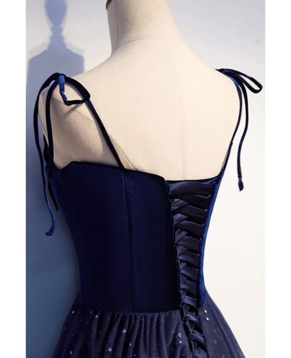 Luolandi Shining navy blue suede fine shoulder strap sleeveless off shoulder evening dress A-line princess sequin backless and ground length ruffled edge for evening dress