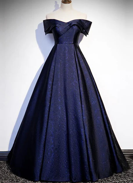 Luolandi Navy Blue Satin Off Shoulder Long Prom Dress A-line Formal Dress Evening Dress Elegant