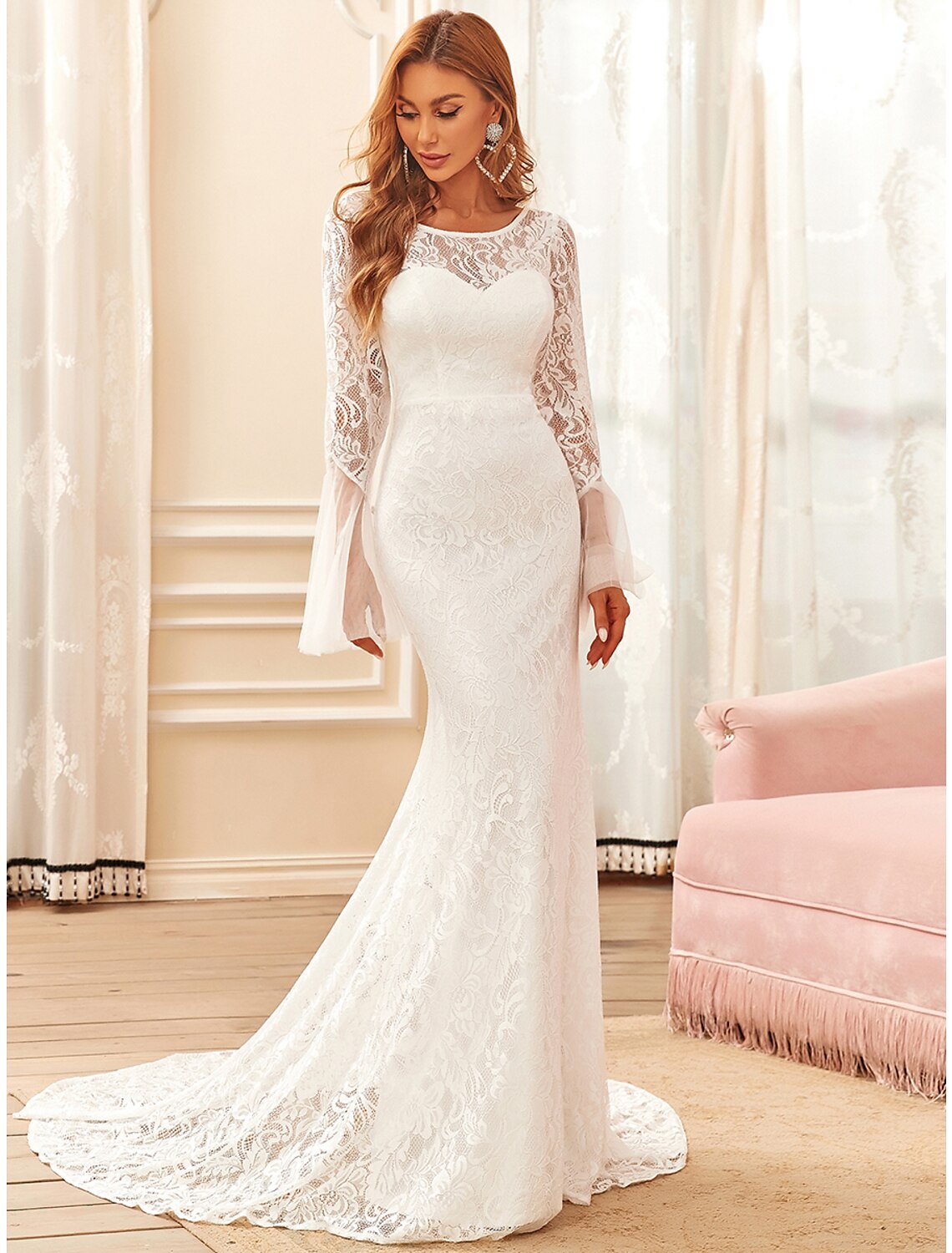 Luolandi Reception Boho Wedding Dresses Mermaid / Trumpet Illusion Neck Long Sleeve Sweep / Brush Train Lace Bridal Gowns