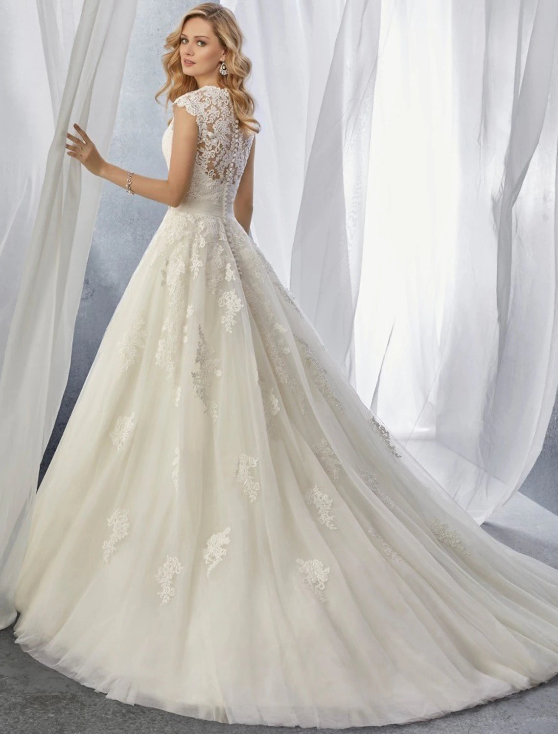 Luolandi Engagement Formal Wedding Dresses Ball Gown Sweetheart Cap Sleeve Court Train Lace Bridal Gowns