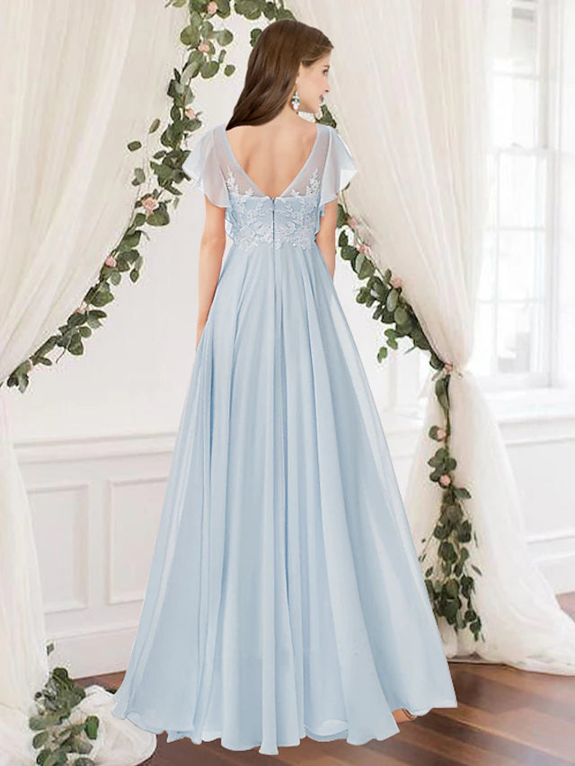 Luolandi A-Line Bridesmaid Dress Scoop Neck Sleeveless Elegant Floor Length Chiffon with Pleats