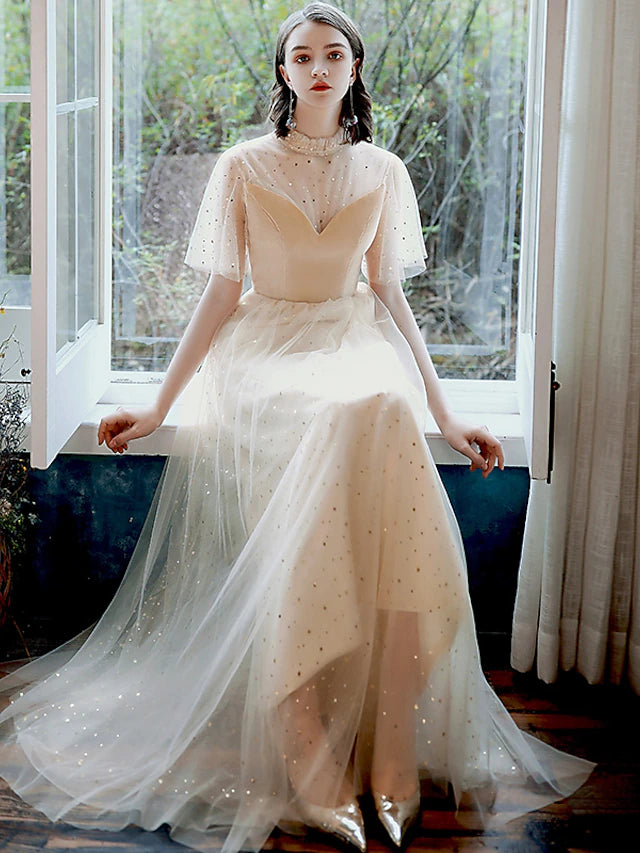 Luolandi A-Line Prom Dresses Glittering Dress Party Wear Ankle Length Half Sleeve High Neck Tulle with Pleats