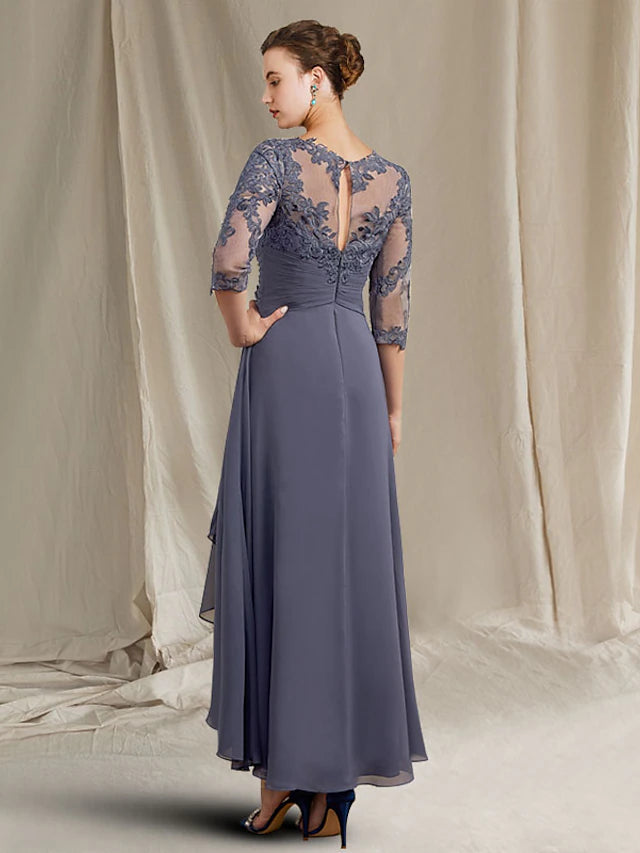 Luolandi A-Line Mother of the Bride Dress Plus Size Elegant High Low Jewel Neck Asymmetrical Tea Length Chiffon Lace Half Sleeve with Ruched