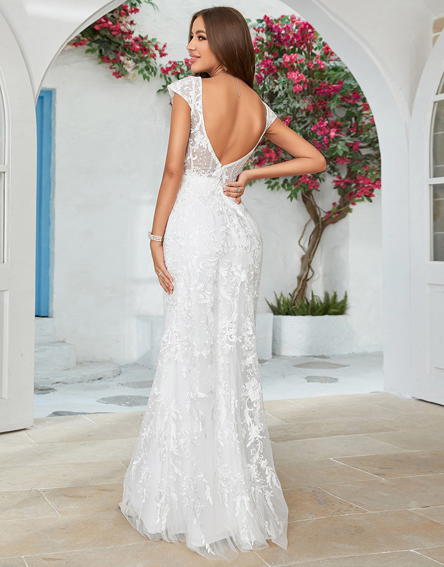 Luolandi Ivory Mermaid Lace V-Neck Wedding Dress Floor Length Beautiful