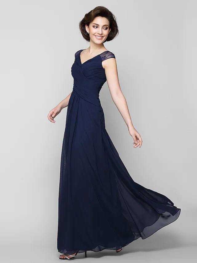 Luolandi A-Line Mother of the Bride Dress See Through V Neck Ankle Length Chiffon Lace Sleeveless with Lace