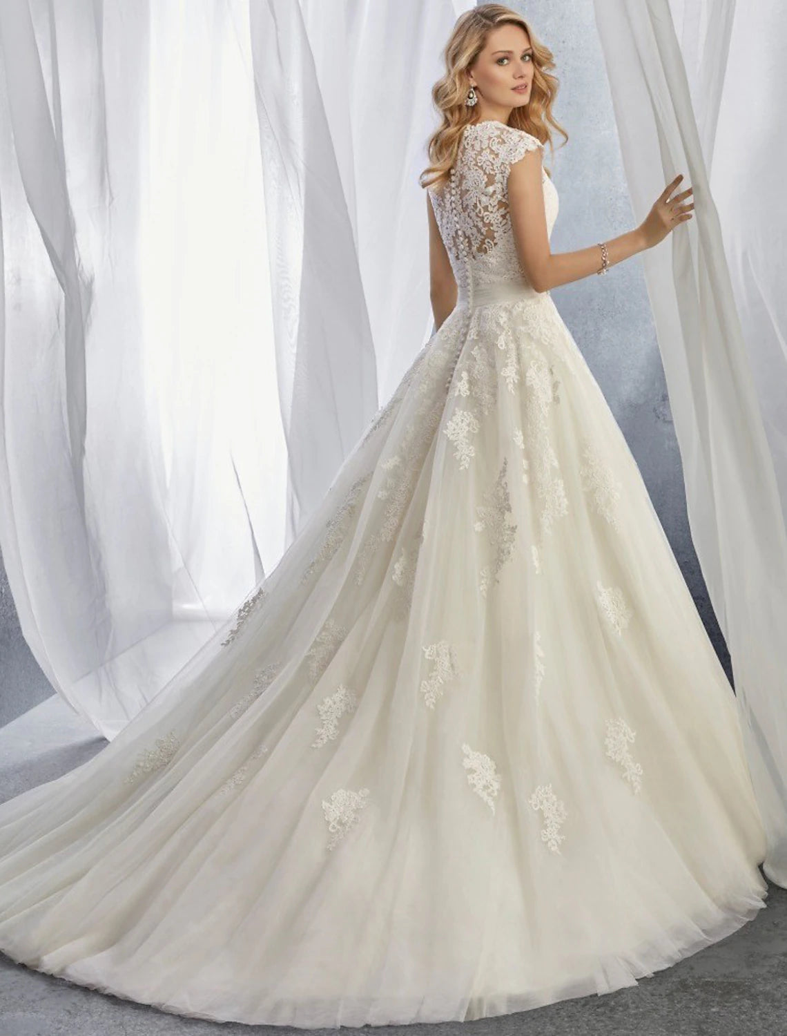 Luolandi Engagement Formal Wedding Dresses Ball Gown Sweetheart Cap Sleeve Court Train Lace Bridal Gowns