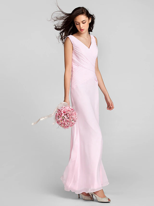 Luolandi Sheath / Column Bridesmaid Dress V Neck Sleeveless Floor Length Chiffon with Criss Pure Color Pure Color Cross