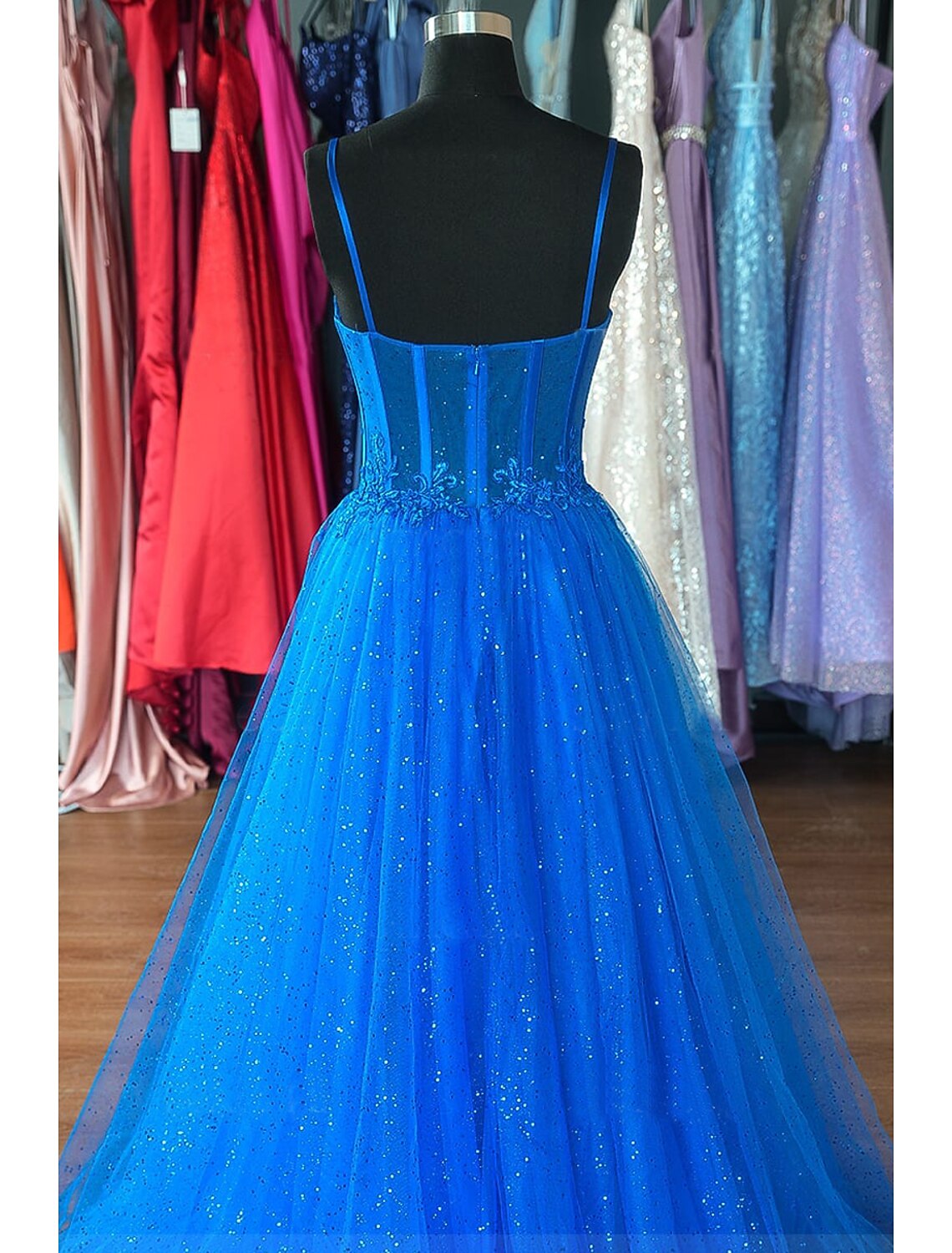 Luolandi A-Line Prom Dresses Glittering Dress Formal Floor Length Sleeveless Spaghetti Strap Tulle Backless with Pleats