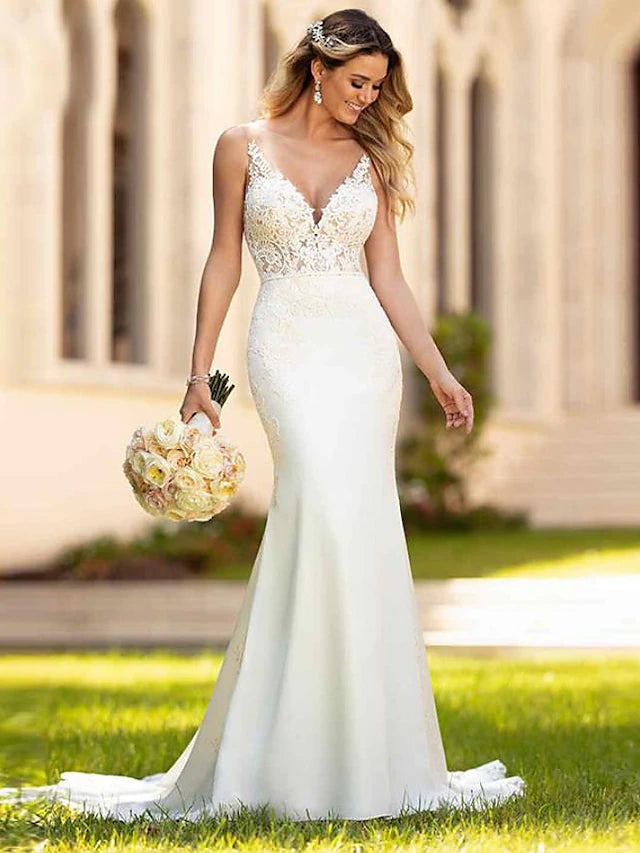 Luolandi Engagement Open Back Sexy Formal Wedding Dresses Court Train Mermaid / Trumpet Sleeveless V Neck Crepe