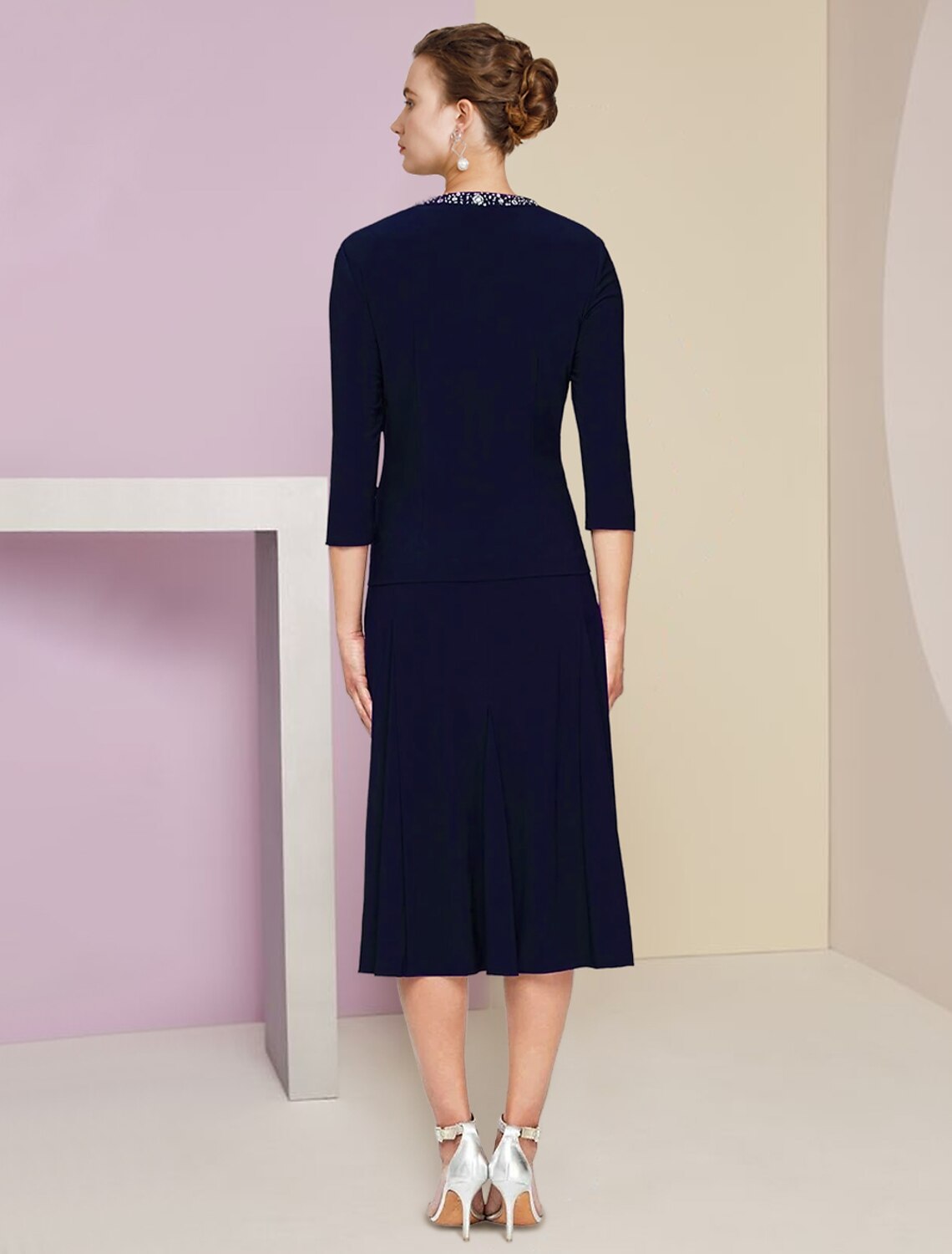 Luolandi A-Line Mother of the Bride Dress Wedding Guest Elegant Petite Jewel Neck Knee Length Fabric 3/4 Length Sleeve with Pleats