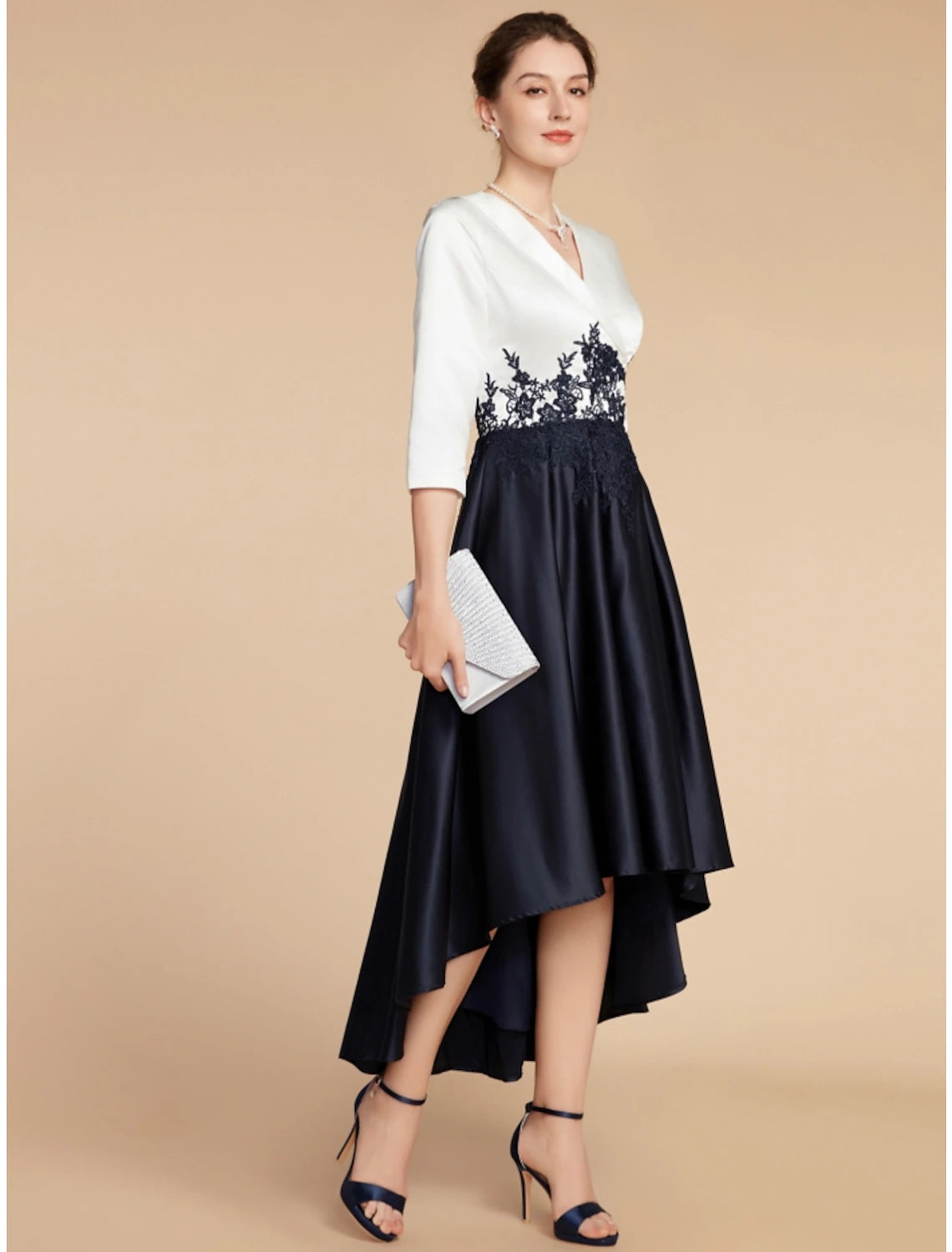 Luolandi A-Line Mother of the Bride Dress Wedding Guest Elegant Petite V Neck Asymmetrical Satin Lace Half Sleeve