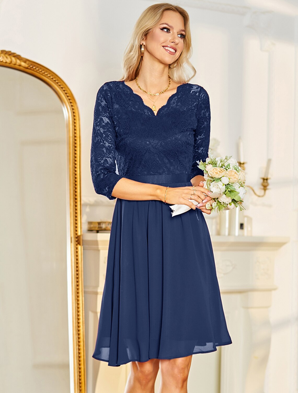 Luolandi A-Line Cocktail Dresses Minimalist Dress Party Wear Knee Length Half Sleeve V Neck Chiffon