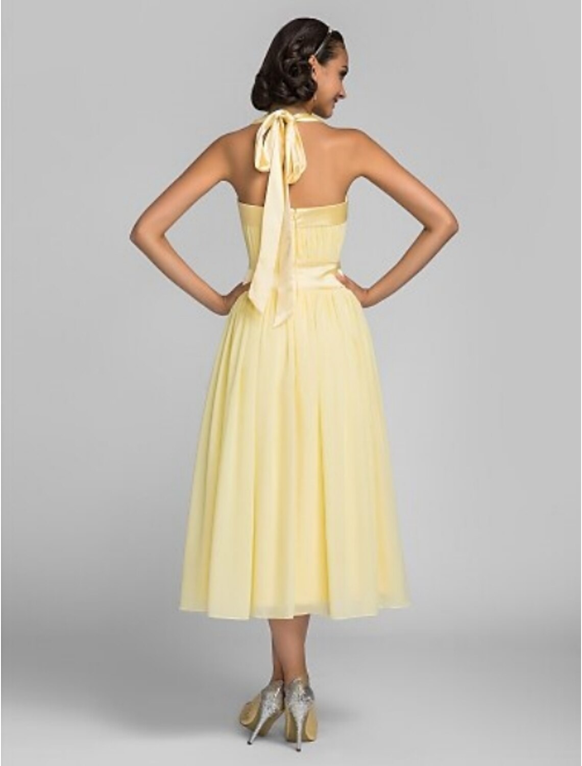 Luolandi A-Line Halter Tea Length Chiffon Satin Bridesmaid Dress with Draping